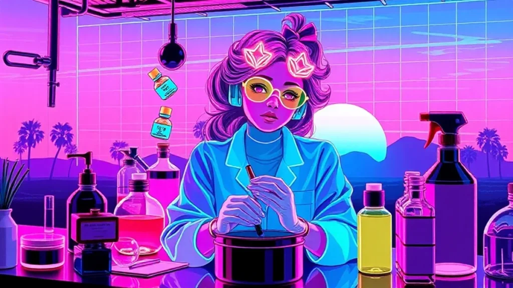 A retro Y2K styled DIY skincare lab with glowing ingredients and digital displays.