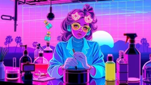 A retro Y2K styled DIY skincare lab with glowing ingredients and digital displays.