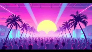 A vibrant Y2K party scene with neon lights, holographic dresses, and a glowing crowd in lace and eyelet tops.