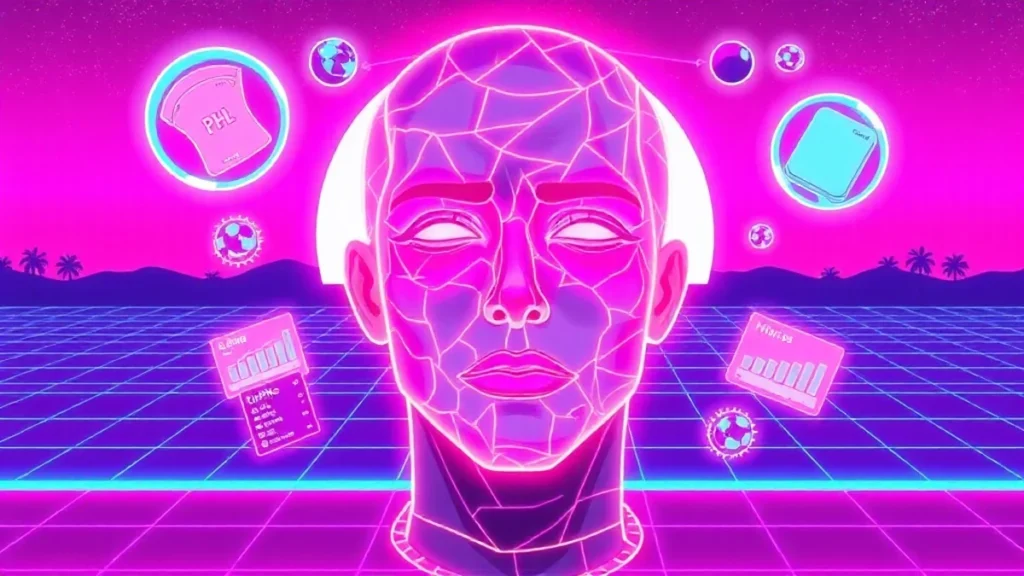 A glowing face with cracked skin in a neon-lit Y2K computer room surrounded by floating holographic soaps and pH charts.