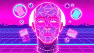 A glowing face with cracked skin in a neon-lit Y2K computer room surrounded by floating holographic soaps and pH charts.