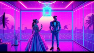 A stylized Y2K wedding scene with holographic confetti, Dua Lipa and Callum Turner in retro outfits, digital elements fl