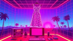A glowing Versace dress in a neon Y2K styled room with digital elements and synthwave lighting.