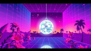 A glowing disco ball nail design in a neon-lit Y2K room with holographic flowers and digital confetti.