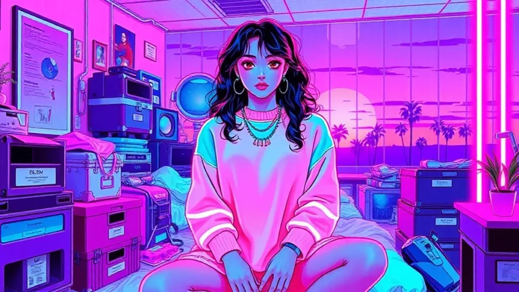 Eiza Gonzalez in a neon Y2K room surrounded by floating holographic socks and folders, illustrating her humorous take on