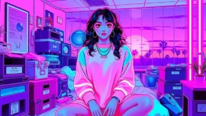 Eiza Gonzalez in a neon Y2K room surrounded by floating holographic socks and folders, illustrating her humorous take on