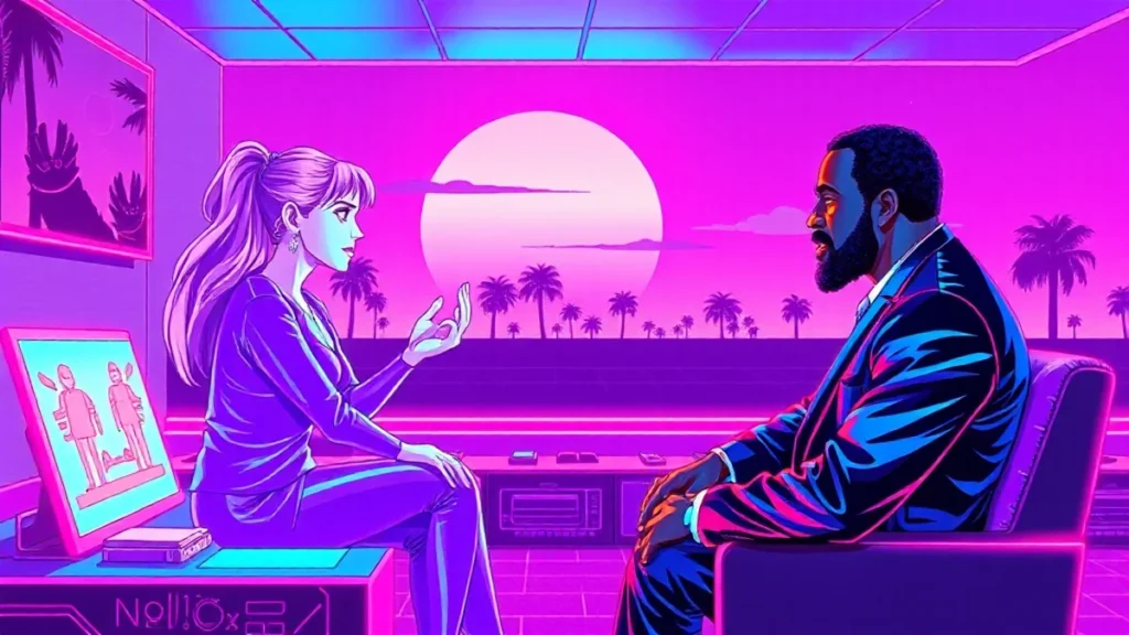A stylized Y2K illustration of Ellen Pompeo and Denzel Washington in a digital argument scene with neon and holographic