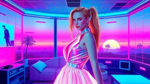 Neon-lit Y2K room features Emily Blunt in a glowing Schiaparelli gown surrounded by floating digital feathers and pixela