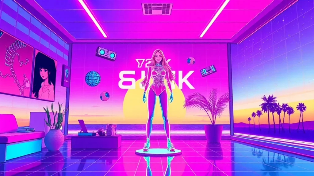 A retro Y2K styled scene featuring a holographic Emma Corrin in a neon-lit digital environment.
