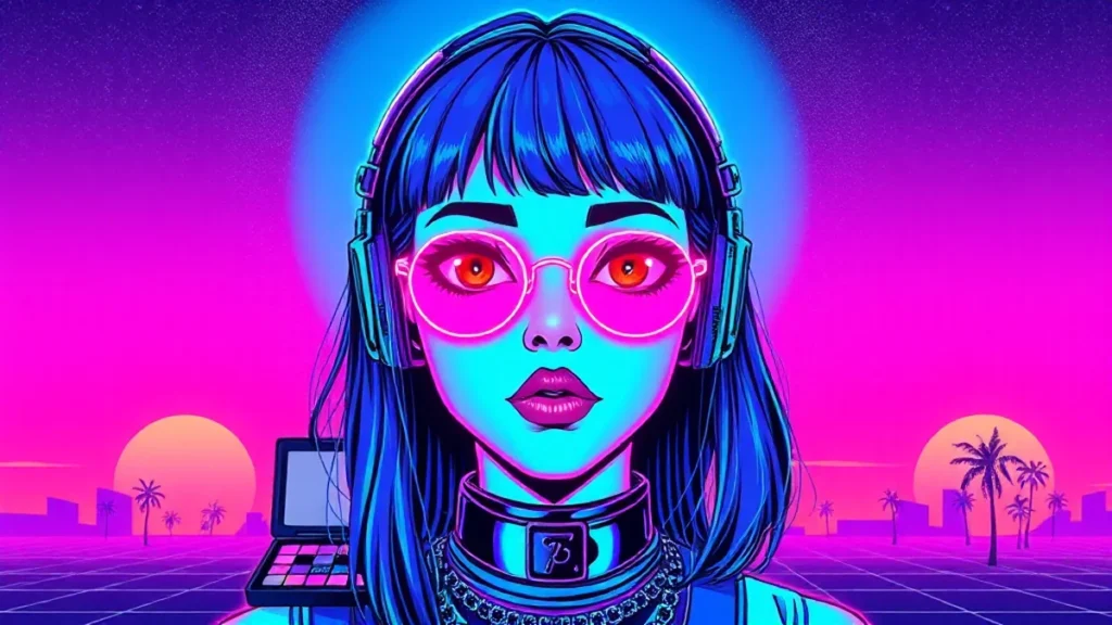 A glowing Y2K makeup artist with brown eyes surrounded by digital makeup tools in a neon-lit synthwave environment.