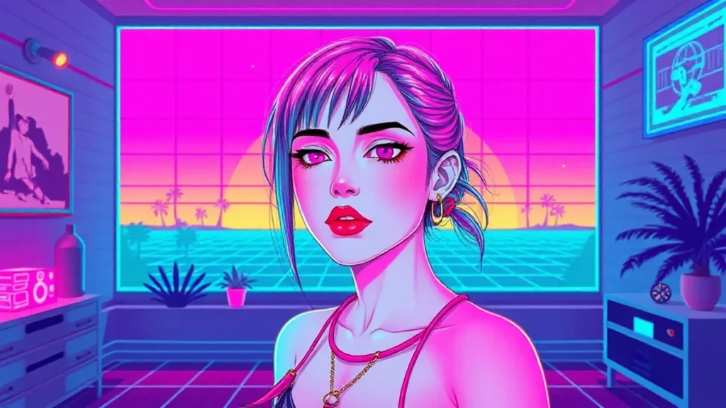 A fair-skinned woman in a neon-lit Y2K room glowing with a pale filter surrounded by floating holographic effects.