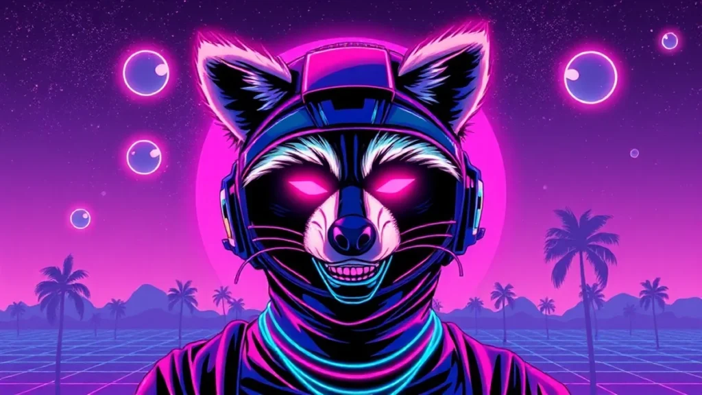 A stylized Y2K character with a raccoon mask and messy brows in a neon-lit synthwave environment.