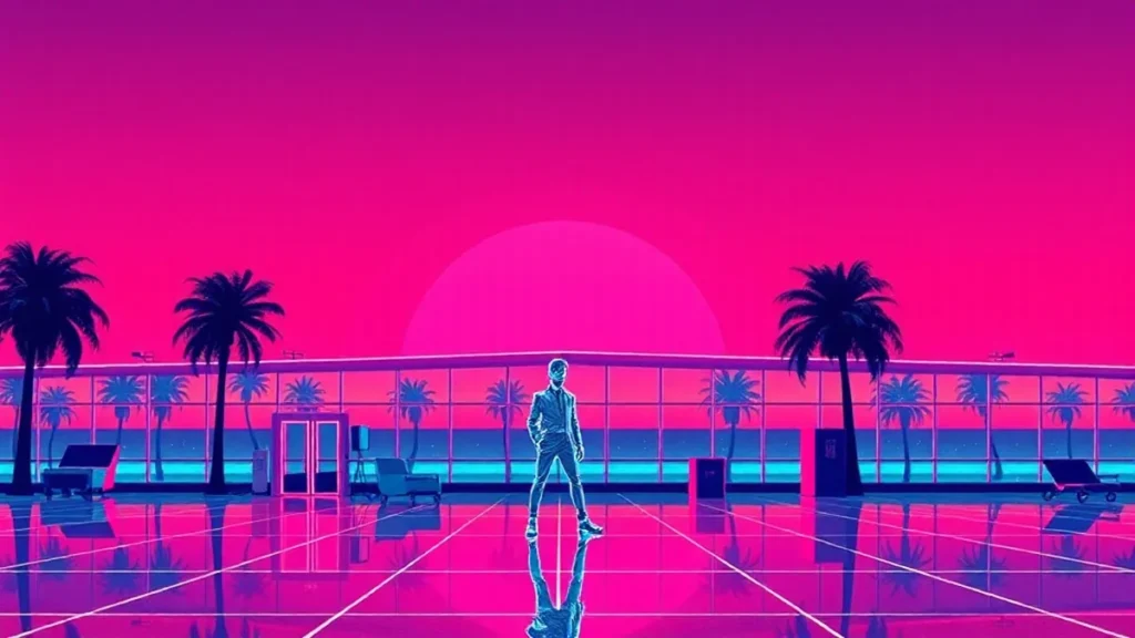 A stylized Y2K airport scene with glowing neon and a futuristic character surrounded by holographic skincare products.