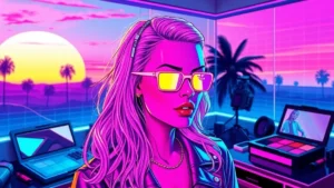 A stylized cyberpunk version of Gillian Anderson in a neon-lit room with glowing makeup and digital tools.