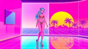 A retro Y2K character wearing thong heels in a neon synthwave environment with holographic effects.