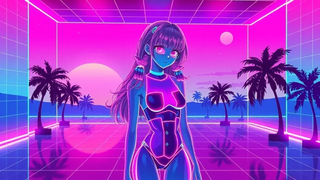 A stylized anime girl with glowing glass skin surrounded by holographic beauty products in a neon Y2K environment.