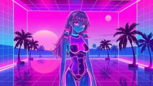 A stylized anime girl with glowing glass skin surrounded by holographic beauty products in a neon Y2K environment.