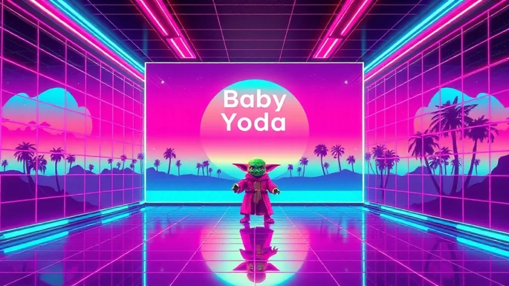 A retro Y2K styled scene featuring a glowing neon room with floating holograms and a pixelated Grogu figure.