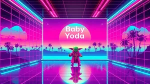A retro Y2K styled scene featuring a glowing neon room with floating holograms and a pixelated Grogu figure.