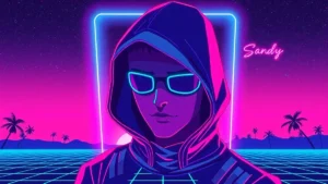 A stylized Y2K character with hooded eyes in a neon-lit digital room surrounded by holographic elements.