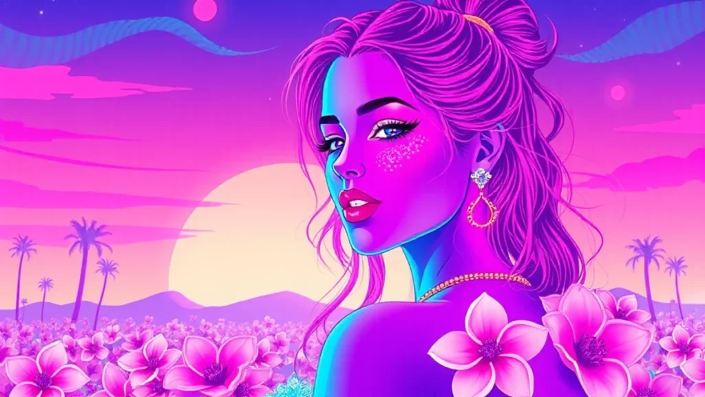 A glowing girl in soft makeup surrounded by holographic flowers in a neon-lit Y2K prom setting.