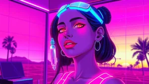 A retro Y2K styled girl with glowing skin and neon lights, surrounded by holographic beauty products and digital effects