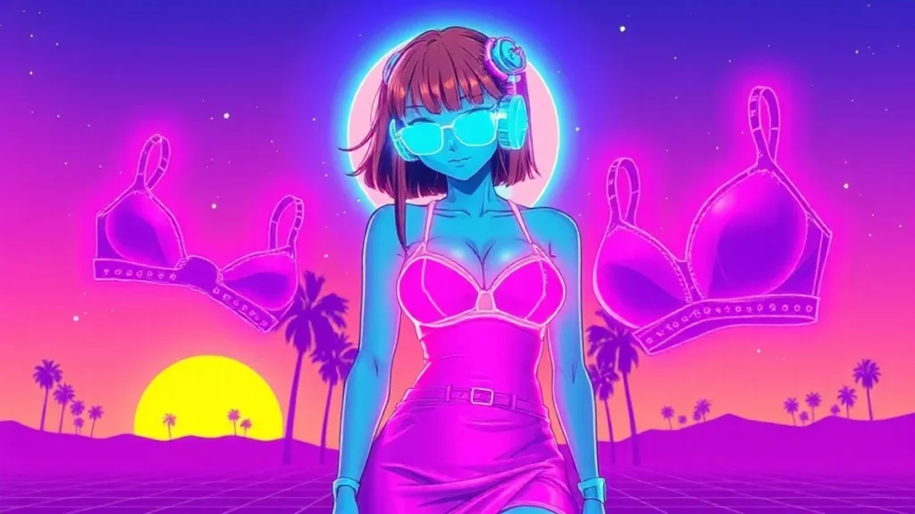 A stylized Y2K character in a neon cyberpunk scene wearing a non-bra-compatible dress with floating holographic bras.