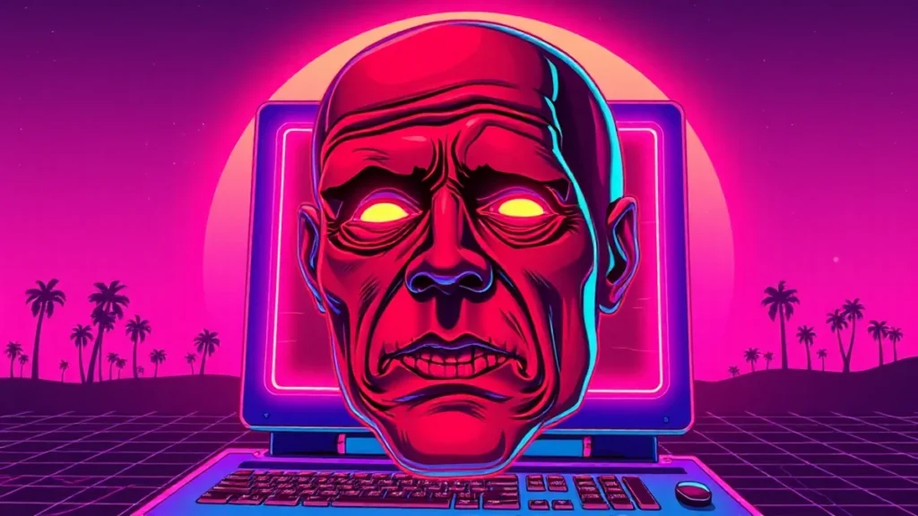 A stylized glowing face with red skin and oversized pores against a neon Y2K background.