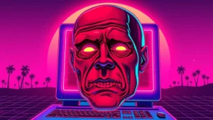 A stylized glowing face with red skin and oversized pores against a neon Y2K background.