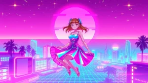 A stylized Y2K girl in a holographic dress surrounded by glowing digital elements in a synthwave cityscape.