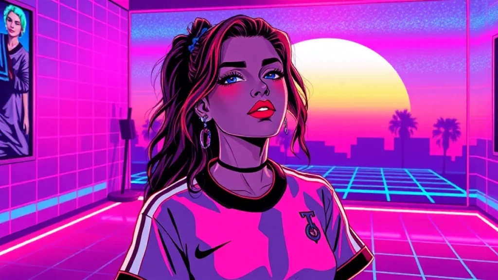 Retro Y2K styled rugby player with bold red lips and glowing holographic lipstick in a neon-lit scene.