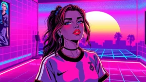 Retro Y2K styled rugby player with bold red lips and glowing holographic lipstick in a neon-lit scene.