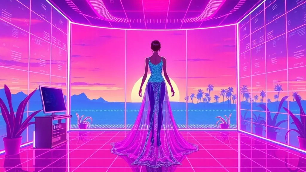 A retro Y2K styled room features a holographic figure in futuristic fashion surrounded by glowing elements and holograph
