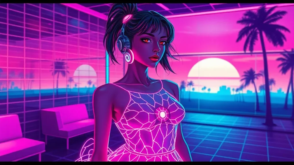 A model in a glowing holographic dress stands in a neon-lit Y2K room with floating digital art.