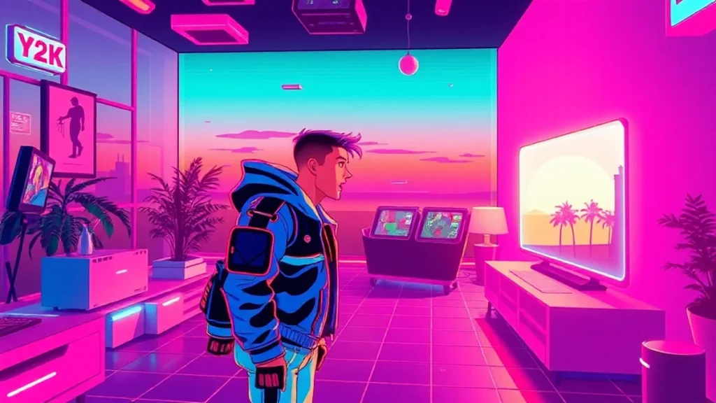 A stylized Y2K character yelling in a neon-lit synthwave environment with floating holograms.