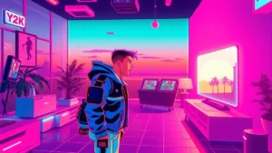A stylized Y2K character yelling in a neon-lit synthwave environment with floating holograms.