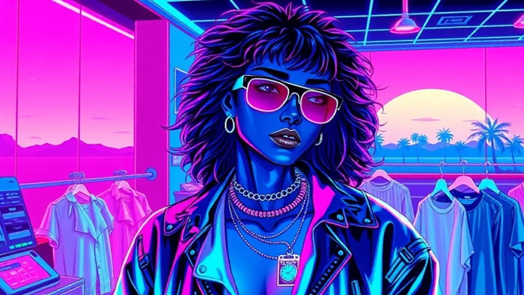A retro Y2K stylist in a neon-lit showroom surrounded by holographic fashion displays and floating digital tags.