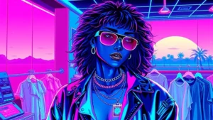 A retro Y2K stylist in a neon-lit showroom surrounded by holographic fashion displays and floating digital tags.