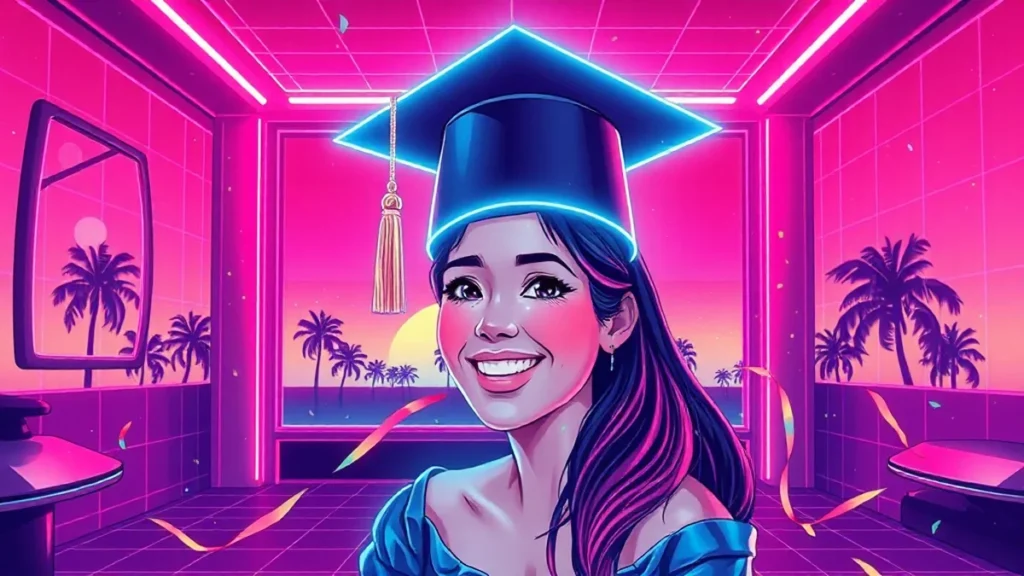 A smiling woman in a holographic graduation cap surrounded by glowing digital elements in a retro Y2K styled room.