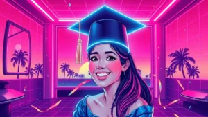 A smiling woman in a holographic graduation cap surrounded by glowing digital elements in a retro Y2K styled room.