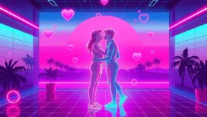 A stylized Y2K couple kisses in a neon-lit digital room with floating hearts and circuit patterns.