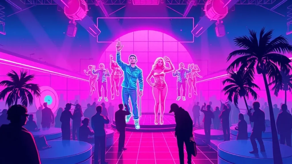 A retro cyberpunk party scene featuring holographic celebrities and neon lights.