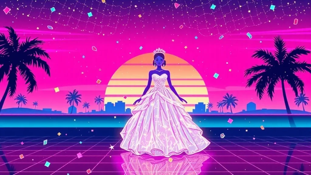 A glowing prom queen in a holographic gown surrounded by floating digital confetti in a neon-lit Y2K prom scene.