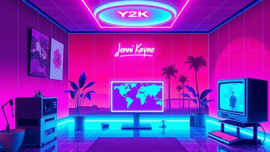 A retro Y2K styled scene showing Jenni Kayne's global expansion with neon lights and holographic fashion items.