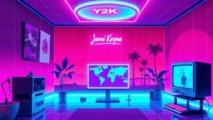 A retro Y2K styled scene showing Jenni Kayne's global expansion with neon lights and holographic fashion items.