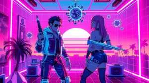 A stylized Y2K scene featuring two queer characters in a neon-lit room with holographic elements and a digital virus.