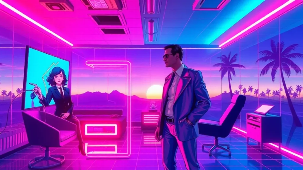 John Krasinski and Emily Blunt in a neon-lit Y2K styled room with holographic elements and a glowing computer screen.