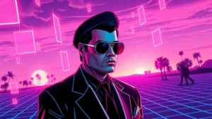 John Travolta in a retro Y2K styled Cannes look with holographic elements and disco flair.