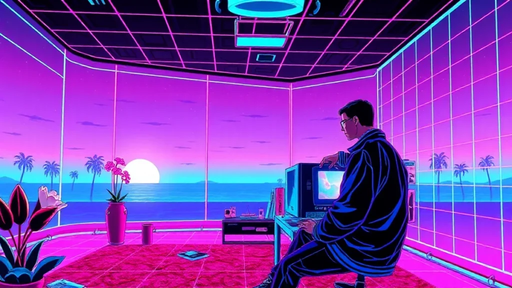 A stylized Y2K computer room with glowing holographic elements and a retro figure surrounded by digital hearts.