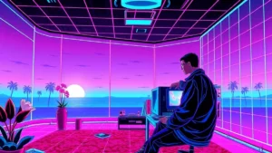 A stylized Y2K computer room with glowing holographic elements and a retro figure surrounded by digital hearts.